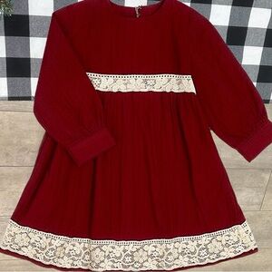 Vintage 60 Kate Greenaway Girls Christmas Dress Burgundy Lace Prairie Cottage 6X